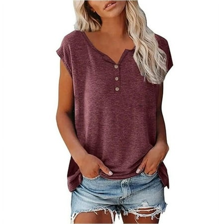 Qwertyu Womens Cap Sleeve Tank Tops Casual T-Shirt Loose Fit Basic Shirts Wine XXL
