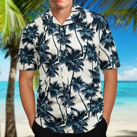 IDALL Hawaiian Shirt for Men Mens Graphic T-Shirts Mens Shirts Short-Sleeved Loose Blouse Collar Shirts Printed Turndown Shirts Summer Tops White L