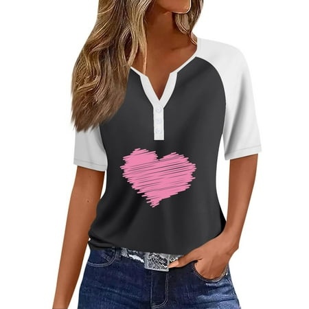 Qwertyu Womens 2024 Summer Vacation Trendy Henley V Neck Graphic Print Short Sleeve Shirts Casual Loose Tunic Blouses Black XXXL