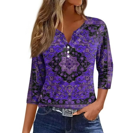 Qwertyu Womens 3/4 Sleeve T-Shirts Henley Buttons Tops Basic Tee Graphic Print Blouse Loose Fit Pullover Summer Shirts 2024 Purple M