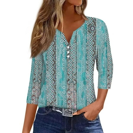Qwertyu Womens 3/4 Sleeve Henley Neck Tops Casual Button Down Summer Shirts Graphic Print Loose Fit Blouse Cyan L