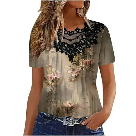 Lounge Tshirts for Ladies Fall Summer Short Sleeve Lace Neck Gradient Rose Floral Loose Fit Long Medieval Pleated Tops T Shirt Womens 2024 Clothes Tre