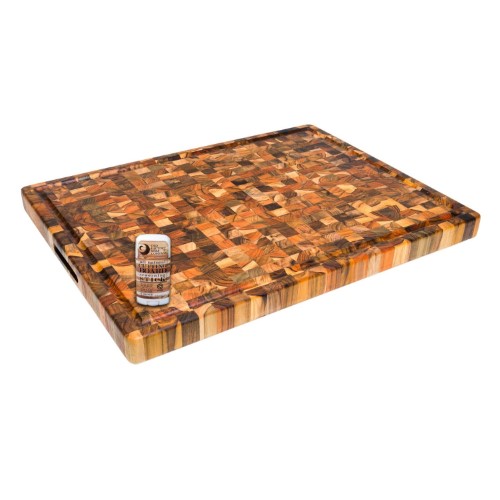 Proteak End Grain Teak 24 X 18 Inch Rectangular Hand-Grip and Juice Grooved Cutting Board with Seasoning Stick