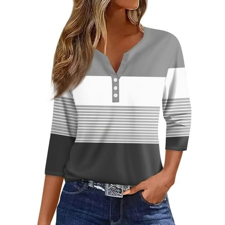 Qwertyu Womens 3/4 Sleeve V Neck 2024 Summer Casual T Shirt Tee Fashion Sparkly Print Button Blouses Basic Pullover Gray S