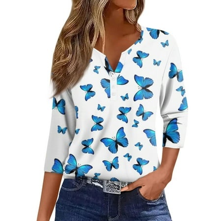 Qwertyu Womens 3/4 Length Sleeve Tops Casual Button Down Summer Shirts Loose Fit Graphic Print Blouse Sky Blue M