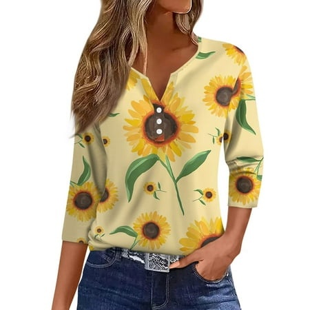 Qwertyu Womens Casual Loose Tops 3/4 Sleeve V Neck Sunflower Print T Shirts Loose Fit Tunic Blouses Cute Tees Summer Outfits Clothes Multicolor XL