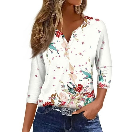 Qwertyu Women 3/4 Sleeve Tops 2024 Summer Fashion T Shirt Casual V Neck Pullover Button Graphic Print Blouse Tees White XL