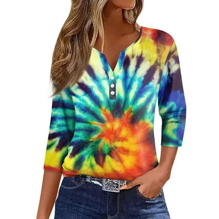 Qwertyu Womens Tops Henley Neck Buttons Sexy Shirts 3/4 Sleeve Dressy Blouses 2024 Graphic Print Pullover Clothes Orange XXXL