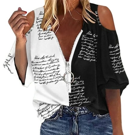 Off the Shoulder Tops for Women 1/2 Zip up Mid Sleeve Fashion Blouses Irregular Colour Block Stripe Casual Shirts