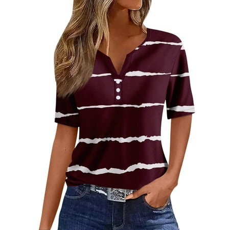 Qwertyu Women S Button up Short Sleeve T Shirt Round Neck Striped Print Casual Tunic Shirts Wine M