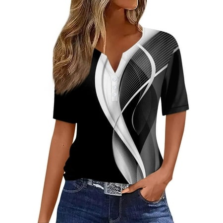 Qwertyu Women S Button up Short Sleeve T Shirt Round Neck Graphic Print Casual Tunic Shirts Black L