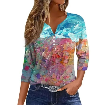 Qwertyu Womens 3/4 Length Sleeve Tops Casual Button Down Summer Shirts Loose Fit Sunflower Print Blouse Wine S