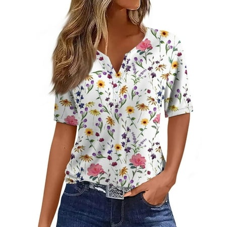 Qwertyu Summer Tops for Women Plus Size Tops Henley V Neck Graphic Print Short Sleeve T-Shirt Tops Casual Loose Blouse Tops Pink XL