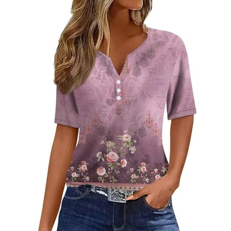 Qwertyu Plus Size Tops for Women Summer Button Short Sleeve Graphic Print Shirts Ruffle Blouse Tunics Purple Pink L