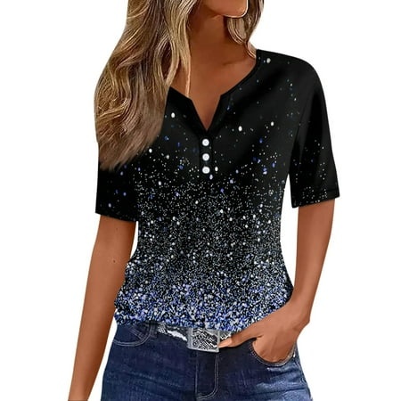 Qwertyu Women S Button up Short Sleeve V Neck T Shirt Round Neck Graphic Print Casual Tunic Shirts Royal Blue L