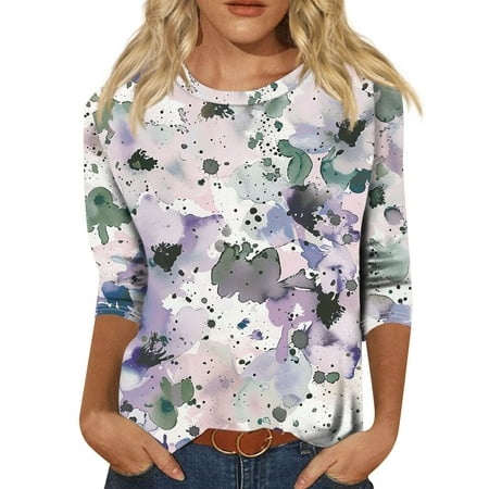 Godokuleh Summer Tops for Women 2024 Trendy Boho Floral Print 3/4 Length Sleeve Shirts Casual Loose Fit Crewneck Graphic Tees Blouses Light Purple L