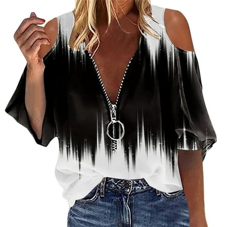 Off the Shoulder Tops for Women 1/2 Zip up Mid Sleeve Fashion Blouses Irregular Colour Block Stripe Casual Shirts