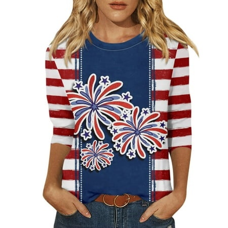 Godokuleh Plus Size Tops for Women 3/4 Sleeve Round Neck American Flag Dressy Oversized Shirts Clearance Loose Fit Workout Shirts Graphic Tee Tunic To