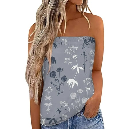 Dresses for Women 2292 Women Strapless Bandeau Tank Casual Sleeveless Summer Vacation Loose Holiday Top Shirt Blouse Women Tanks Top