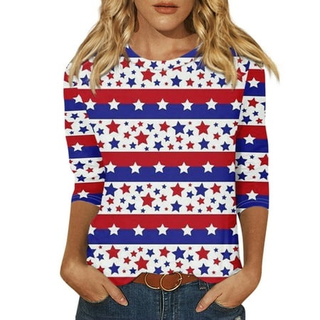 Godokuleh Ladies Tops and Blouses 3/4 Sleeve Round Neck American Flag Summer Dress Shirts Clearance Fall Oversized Tshirts Cotton Clothes Tunic TopsMu