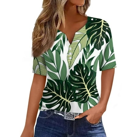 Qwertyu Short Sleeve Womens Tops Button Down Summer V Neck Shirts Henley Blouses Dressy Fashion Print Clothes Mint Green M