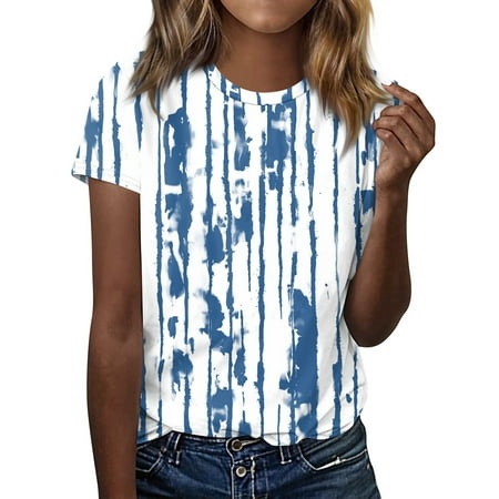 Qwertyu 2024 Summer Women Casual Crew Neck Floral Tops Short Sleeve Tees Shirts Cotton Blouses Light Blue M