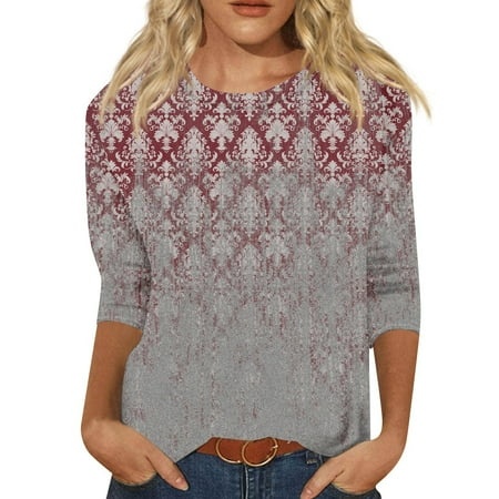 Godokuleh 3/4 Sleeve Shirts for Women Round Neck Geometric Summer Tops Summer Graphic Spring T-Shirts Pullover Tunic Tops Deep Red 2XL