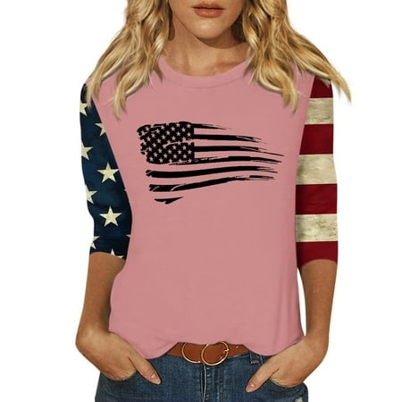 Godokuleh 3/4 Length Sleeve Womens Tops Plus Size Round Neck American Flag Loose Fit Hawaiian Shirts Elbow Sleeve Spring Tshirts Cotton Loose Fit Casu