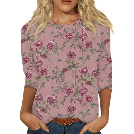 Godokuleh 3/4 Sleeve Tops for Women Floral Round Neck Trendy Spring Shirts 2024 Cotton Clearance T Shirts Loose Fit Dressy Clothes Tunic Tops Watermel