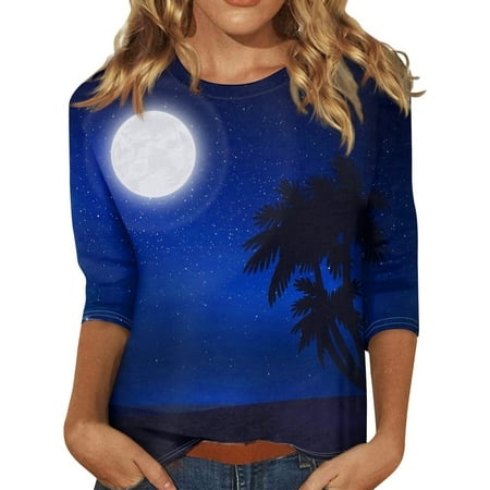 Godokuleh Plus Size 3/4 Sleeve Tops for Women Round Neck Hawaiian Palm Tree Graphic Dress Shirts Cotton Loose Fit Tee Shirts Clearance Tunic Tops Clot