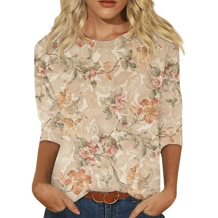 Godokuleh 3/4 Length Sleeve Womens Tops Round Neck Floral Dressy Shirts Clearance Fall Oversized Tee Shirts Casual Pullover Blouses Camel M