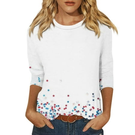 Godokuleh Ladies Tops and Blouses 3/4 Sleeve Round Neck American Flag Trendy Button Down Shirts Graphic Casual Vneck Tshirts Shirts Dressy Clothes Blo