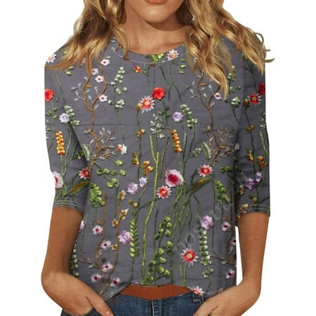 Godokuleh 3/4 Length Sleeve Womens T Shirts Round Neck Floral Graphic Short Sleeve Tops Casual Trendy Hiking Shirts Summer Clothes Blouses Dark Gray L