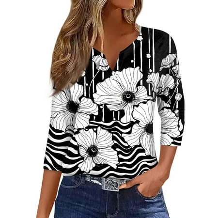 Qwertyu Women S T-Shirts Dressy Button Down Tunic Y2K Tops 3/4 Length Sleeve Floral Print Blouses Henley V Neck Summer Cute Clothes Dark Gray XL