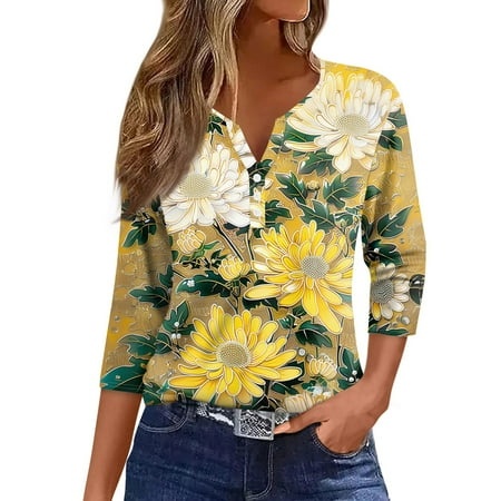 Qwertyu Womens Tops 2024 Dressy Casual 3/4 Sleeve V Neck Plaid Print T Shirts Loose Fit Tunic Blouses Cute Tees Summer Outfits Clothes Gold M