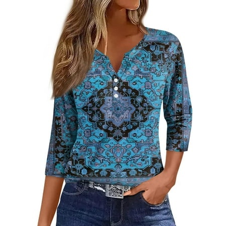 Qwertyu Womens 3/4 Sleeve T-Shirts Henley Buttons Tops Basic Tee Graphic Print Blouse Loose Fit Pullover Summer Shirts 2024 Light Blue XXL