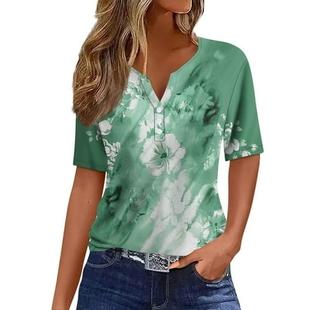 Godokuleh Dress Shirts for Women Floral Short Sleeve V Neck Business Casual Tops Henley Button Down Clearance Workout Shirts Graphic Trendy Tee Tunic 