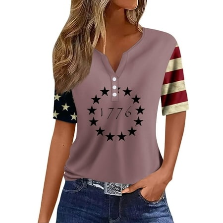 Godokuleh Women S Short Sleeve Tops Short Sleeve Henley V Neck American Flag Button Down Oversized Shirts Plus Size Graphic Tshirts Shirts Trendy Blou