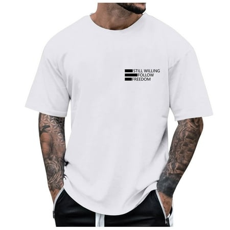 CELIEAN Male Summer Double Letter Graphic Plus Size T Shirt Printed Solid Color Short Sleeve Top Men T Shirts White L