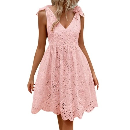 Qwertyu Women S V Neck Solid Color Lace Wedding Dress Short Sleeveless Cocktail Party Dress Pink XL
