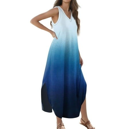 Qwertyu Women Summer Dresses 2024 Sleeveless Casual High Waist Gradient Print Beach Boho Smocked Maxi Dress Blue XL