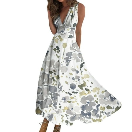 Qwertyu Women S V Neck Short Sleeve Foral Printed Party Casual Loose Long Maxi Dress with Belt Light Gray 3XL