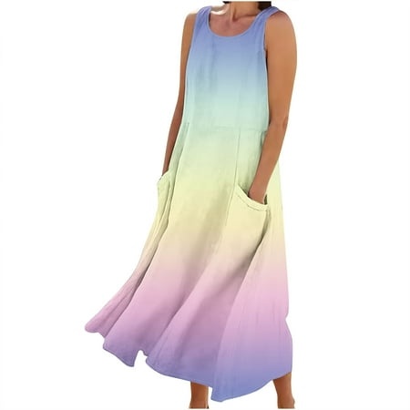 Cadancy My Orders Tank Sun Dresses for Women 2024 Gradient Color Dress Colorful Dress with Pocket Comfy Women Outfits for Flying Milk Maid Sundress Pl