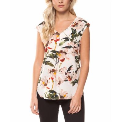 Devoted Women's Blouses 91324-TROPICAL - White & Red Floral Crisscross-Back Hi-Low V-Neck Top
