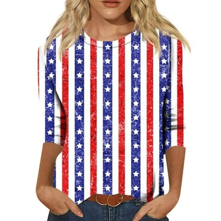 Godokuleh Three Quarter Sleeve Tops Woman Round Neck American Flag Cotton Shirts Trendy Graphic Tshirts Cotton Loose Fit Fall Tee Clothes Royal Blue L