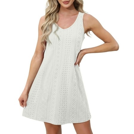 Qwertyu Womens Sleeveless T Shirt Dresses 2024 Casual Cute Solid Color Print Short Dress Summer Fashion Front Pockets White 3XL