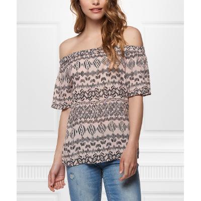 Devoted Women's Blouses 90895-ROSE/BLACK/AZTEC - Rose & Black Geometric Off-Shoulder Top - Women