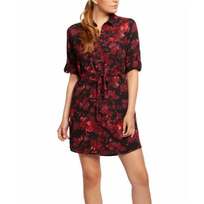 Devoted Women's Casual Dresses 91499-BLACK/ROSES - Black Rose Tab-Sleeve Shirt Dress