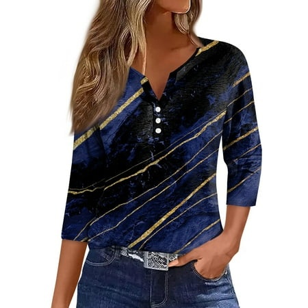 Qwertyu 3/4 Length Sleeve Womens Tops Button Down Summer V Neck Shirts Henley Blouses Dressy Fashion Print Clothes Dark Blue L