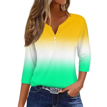 Qwertyu Summer Tops for Women 2024 Vacation Trendy V Neck Boho 3/4 Sleeve Striped Print Shirts Casual Loose Comfy Tunic Blouses Yellow L